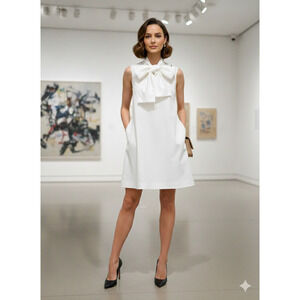 BR Parisian chic Midi lined Sheath Dress graduation Bow Tie Pocket Sz-8 Tall